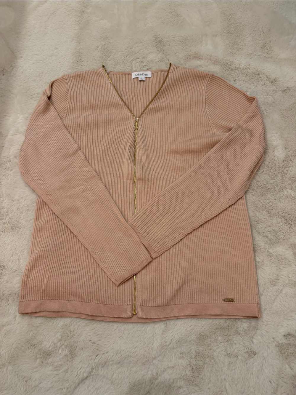 Calvin Klein Ribbed V-Neck Zip Sweater in Blush Pink